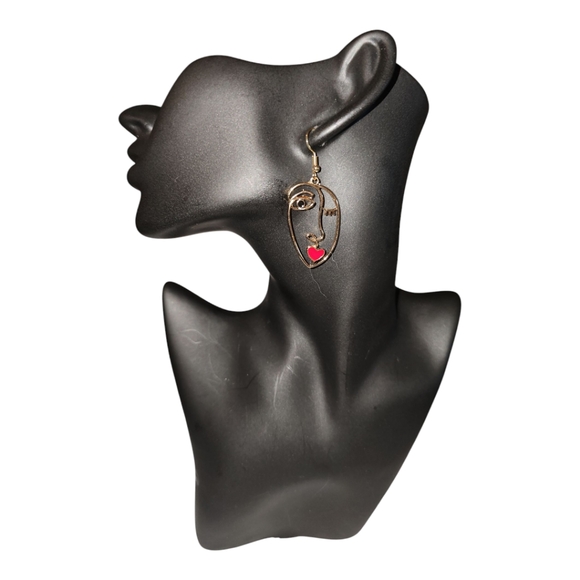 Abstract Face Gold Earrings with Red Accent - Picture 1 of 2